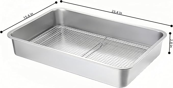 Stainless Steel Sturdy Roasting Pan with Cooling Rack – Oven, Toaster & Grill Safe, Deep Edge, Smooth Finish, Dishwasher Safe – Perfect for Turkey, Chicken, BBQ (23.4x15.6x2.8in)