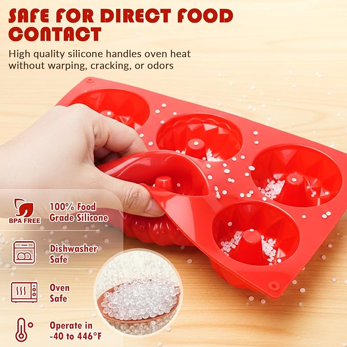 HKMTT Small Silicone Bundt Pan, Mini Fluted Tube Rum Cake Baking Molds, 6 Cavities 2 Pack BPA Free Oven Safe Food Grade Non Stick Moulds