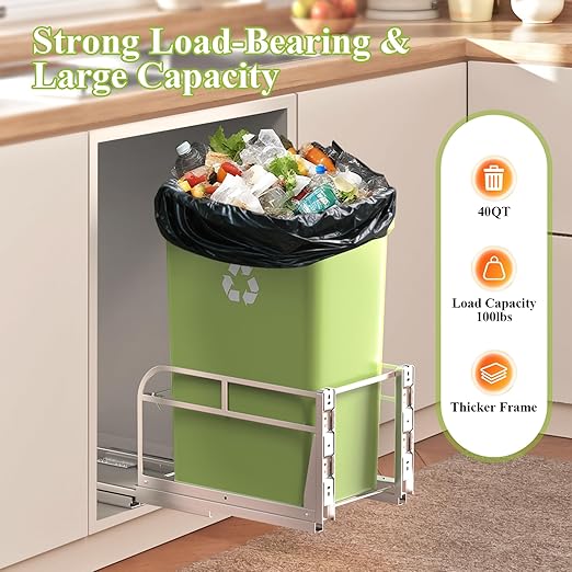 Pull Out Trash Can Under Cabinet Shelf, Under Cabinet Trash Cans Pull Out Kit with Soft-Close Slides,Door Mounting Under Sink Trash Can Slider for Kitchen,Fits Up to 40 Qt(Can Not Included)