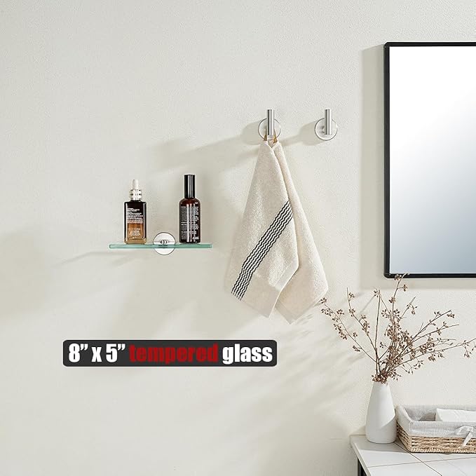 JQK Bathroom Glass Shelf, Tempered Glass Shower Storage 8 by 5 inches, 304 Stainless Steel Brushed Finish Wall Mount 2 Pack, TGS101L8-BN-P2