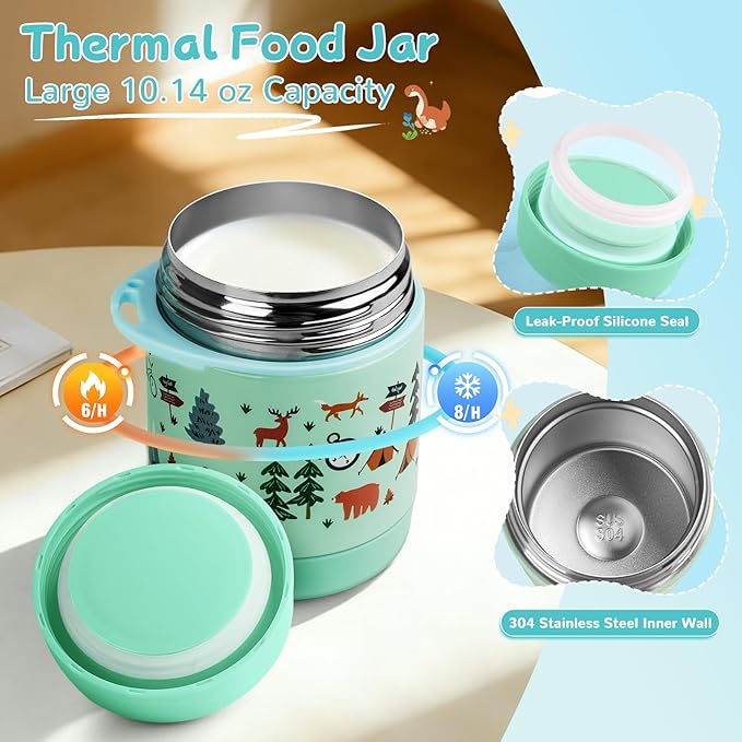REDSHELL Bento Lunch Box for Kids Set, Leakproof Food Jar Pail with Insulated Bag, Toddler Snack Container Lunchbag for Girls Daycare, Back to School Lunchbox Kit, Includes Bottle Holder Strap, Green