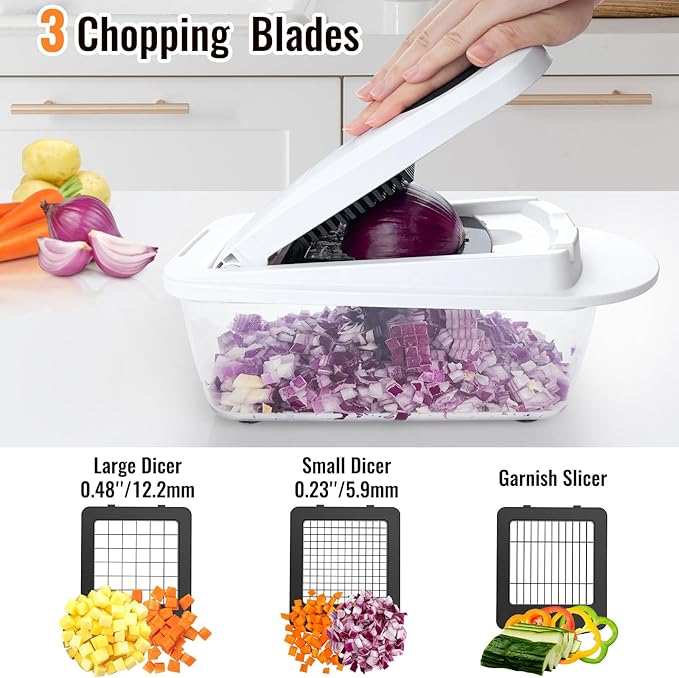 8 Blade All-in-1 Vegetable Chopper Mandoline Slicer with Container, Food Chopper, Onion Chopper, Veggie Cutter for Salad, Kitchen Gadgets Accessories Essentials, White