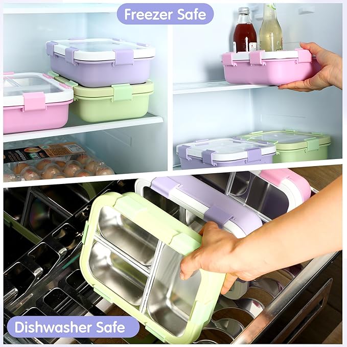 LemonRoad 3 Pcs 304 Stainless Steel Bento Box 24 oz Metal Lunch Box with Spoon Fork 3 Compartment Transparent Lid Dishwasher Safe Leakproof Food Fruit Snack Container for Office Travel (Pastel)