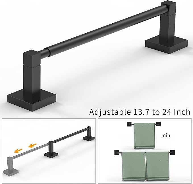 RUACQ Adjustable Towel Bar 13.8 to 24 inch,Square Base Single Towel Racks for Bathroom,Stainless Steel Towel Holder wall Mounted,Sturdy and Rustproof(Matte Black)