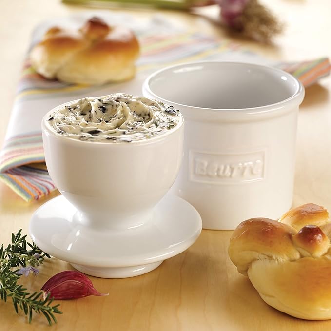Butter Bell - The Original Butter Bell crock by L Tremain, a Countertop French Ceramic Butter Dish Keeper for Spreadable Butter, Café Retro & Petite White Gift Set