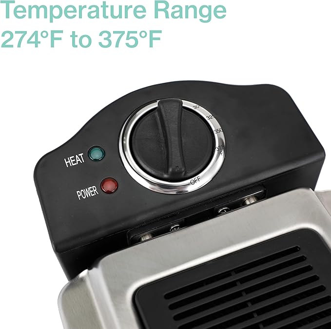 PantryPro 2 Liter / 2.1 Quart Stainless Steel Immersion Electric Deep Fryer, 1400 W, Temperature Control, Basket with Hook, Odor Filter, Lid w. Viewing Window
