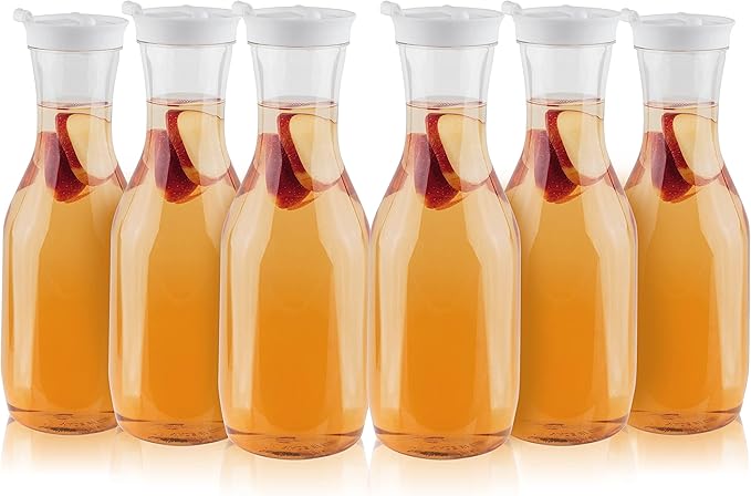 Clear Plastic Water Pitchers Carafes with Flip top White Lids 50 OZ Heavy Duty Beverage Pitcher Jug for Juice or iced Coffee Great for Mimosa bar Restuarants ot Schools Pack of 6