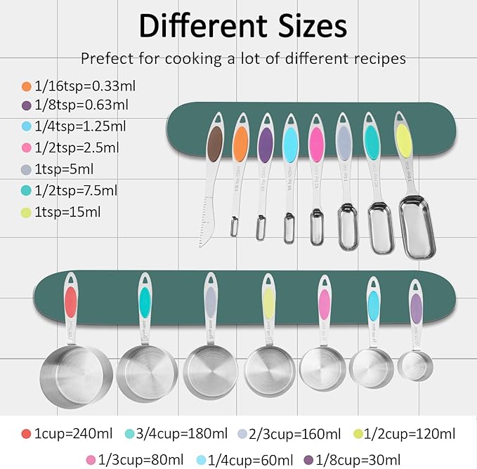 Magnetic Measuring Cups and Spoons Set, 15 Piece Stainless Steel Measuring Cups and Spoons for Measure Dry and Liquid Ingredients (Colorful)