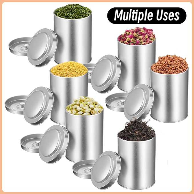 Meanplan 12 Pcs Tea Tin Canister with Airtight Double Lids Round Tin Can Box Small Kitchen Tea Canister Loose Leaf Storage Containers for Loose Bags Coffee Sugar Candy Spices(Silver,16 oz)