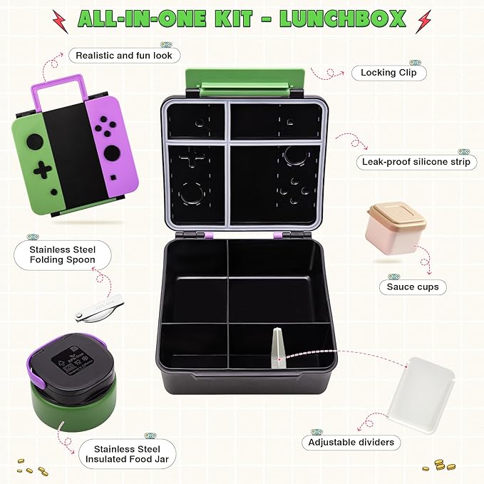 Game Bento Box for Kids, Lunch Box with Thermo(9oz Food Jar), Folding Spoon, Removable Divider & Sauce Cup, Lunch Box Kids for School,Travel, BPA-Free & Realistic Shape (Green-Purple)