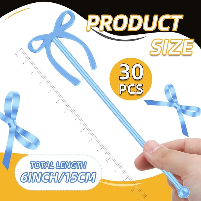 SiliFine 30 Pcs 6 Inch Party Drink Stirrers, Bow Stir Sticks Coffee Stirrers Reusable Plastic Swizzle Sticks for Wedding Birthday Bridal Cocktail Decorations Galentines Supplies(Blue)