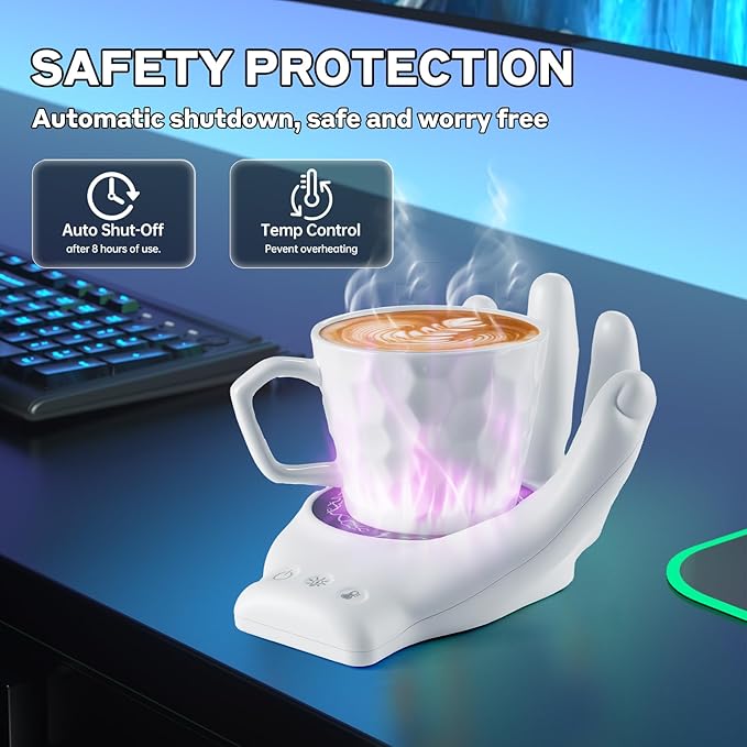 Devil's Hand Heating Mug Warmer Set - 3 Temp Settings & 8H Timer, Coffee Cup Warmer Plate for Desk Auto Shut Off, Ideal Beverage Warmer Gift for Coffee, Tea, Milk (White)