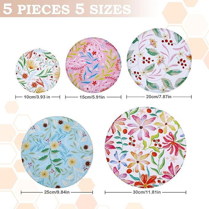 5-Size Reusable Beeswax Bowl Covers for Bread Proofing, Cotton Cloth Flexible Beeswax Wraps for Food Storage(Rainbow Floral)