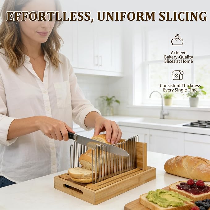 Bamboo Bread Slicer for Homemade Bread by Forest Manor - Adjustable Width Stainless Steel Slicing Guides & Crumb Tray -Sourdough Bread, Cakes, Loaves, Bagel Slicer - Kitchen Baking Tools & Gifts