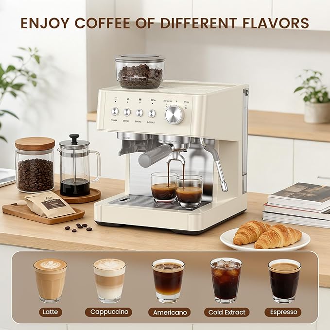 Kismile 20-Bar Espresso Machine with Grinder, Expresso Coffee Machines Coffee Maker with Grinder, Milk Frother/Steam Wand & Tamping Tools for Cappuccino & Latte