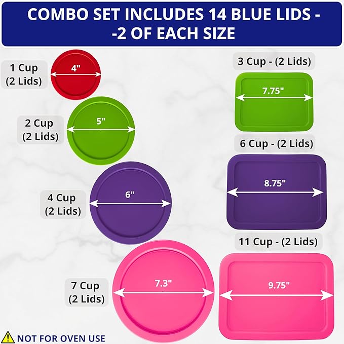 Klareware 1 Cup 2 Cup 3 cup 4 cup 6 cup 7 Cup 11 cup Round Plastic Food Storage Replacement Lids Covers for Klareware Anchor Hocking and Pyrex Glass Bowls (Container not Included) (14 Pack) (Pink,