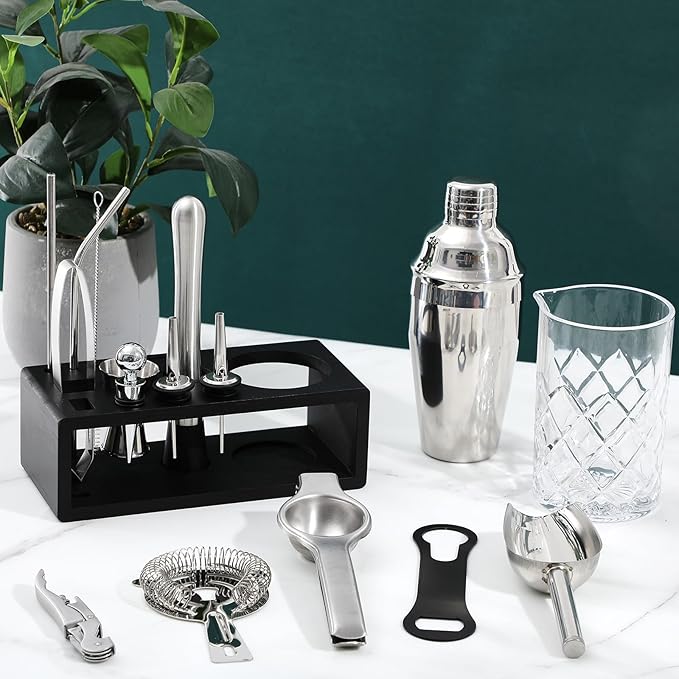 Mifoci 28 Pcs Bartender Kit, Mixologist Bartender Kit Garnish Tray with Lid Bar Caddy and 3 Tier Glass Rimmer, 17 Pcs Margarita Cocktail Shaker Set with Wooden Base for Home Bar Gift Set(PVA Plastic)