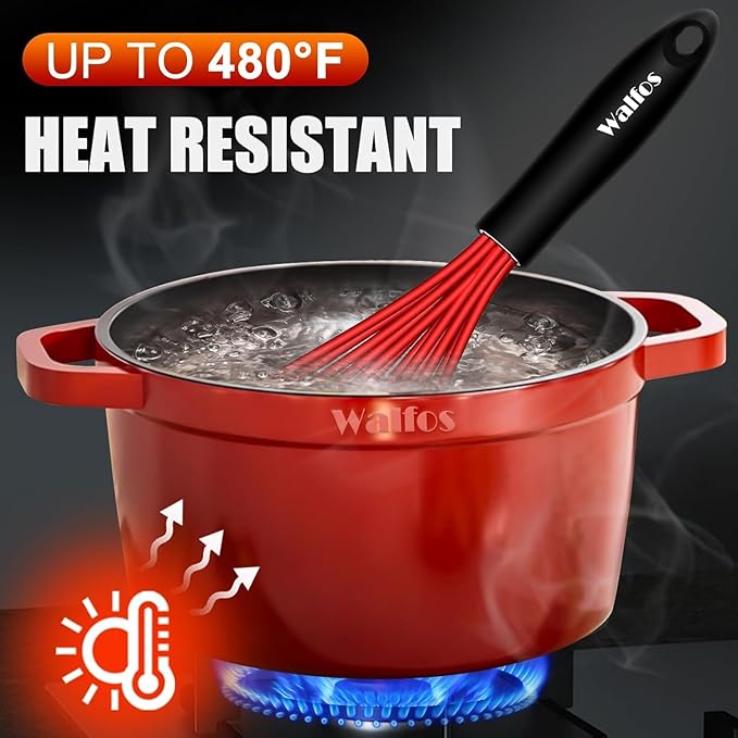 Walfos Silicone Whisk, Sturdy Stainless Steel Wire Kitchen Whisks, Heat Resistant up to 480℉ Whisk For Cooking Non Scratch, Multicolor 5+7+9+11in Whisks & 5+7in Mini Wisk, Great for home baking.