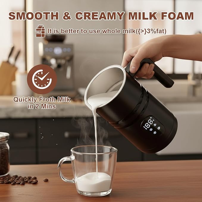 4 in 1 Electric Milk Frother Automatic Hot & Cold Foam Maker Auto Shut-Off Durable Stainless Steel Milk Frother Enjoy Perfect Milk Froth in 2 Min for Macchiato (Black-With Digital Display)