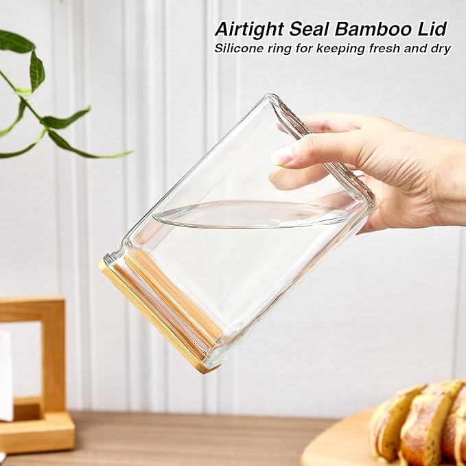 Glass Storage Jars with Bamboo Lids, 27oz Square Food Storage Containers for Kitchen Pantry Organization, Storage Canisters with Labels for Cereal Flour Beans Tea, Large Spice jars Seasoning Bottles