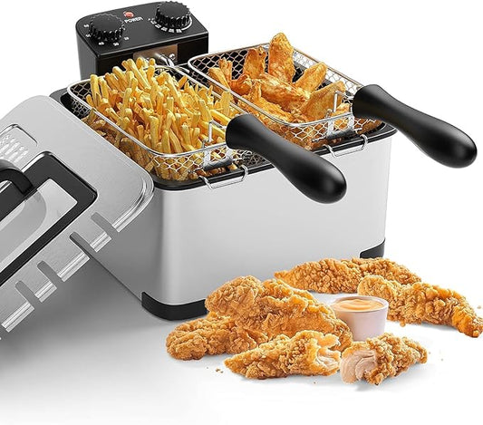 Deep Fryers with Triple Baskets - Simoe 5.3QT/21 Cup Electric Large Fryer, Friteuse 1700W Stainless Steel Deep Fryer with Lid, Adjustable Temperature & Timer & View Window, Professional Grade