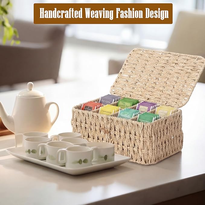 Sieral Tea Bag Organizer/Sugar Packet Holder with Lid 8 Compartment Paper Rope Woven Tea Storage Box for Chest Coffee Pill Condiment Organizer Wicker Divider Container for Countertop Drawer Shelf