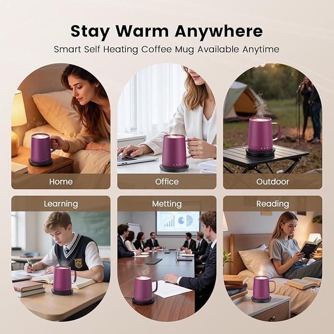 Smart Self Heating Coffee Mug,14oz Temperature Control Coffee Mug,Hot up to 150°F,Rechargeable Heated Coffee Mug,Up to 6H Battery Life,Coffee Cup Warmer,Great Gift for Coffee Lovers,Dad,Mom (Rose Red)