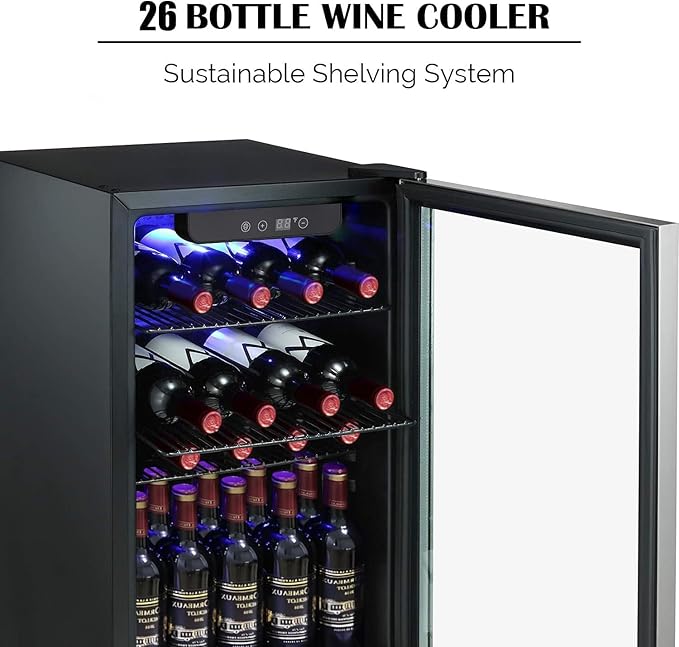 Antarctic Star 26 Bottle Wine Cooler/Drink Beverage Refigerator Small Wine Cellar for Soda Beer Counter Top Bar Wine Freestanding Clear Glass Door for Home Office or Bar 3.1cu.ft, Silver