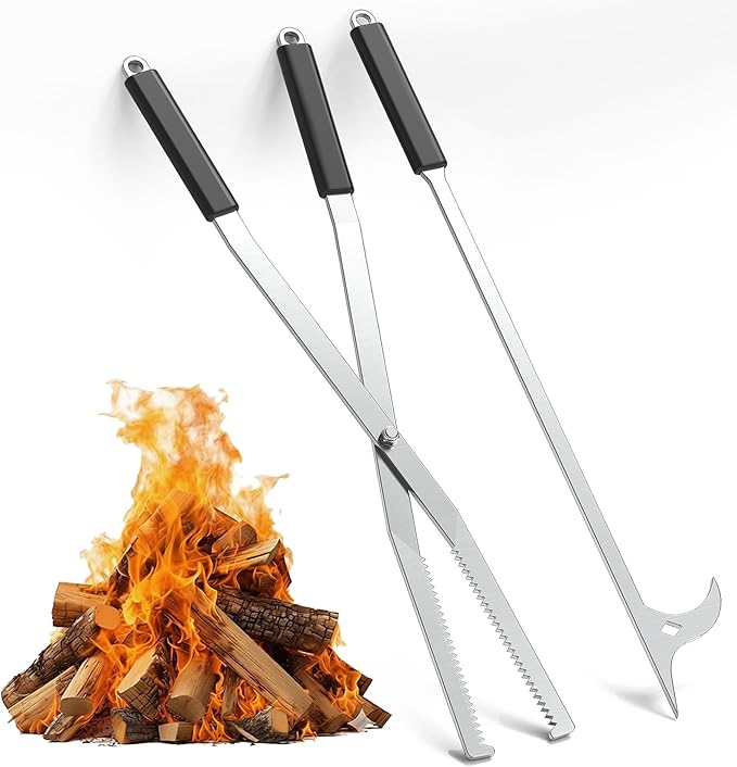 Tredre Fire Tongs and Fire Poker Set, Stainless Steel Fire Pit Tools for Outside, Heavy Duty Fireplace Tongs Log Grabber for Campfire, Wood Stove, Rust-Resistant Firewood Tong Set