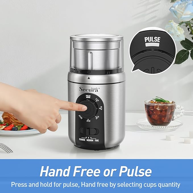 Secura Brands Electric Coffee Grinder for Coffee Beans, Spices, Herbs Adjustable Coarse to Fine Setting for 12 Cup Capacity with 1 Removable Stainless Steel Bowl, Ideal for Home Use, RV
