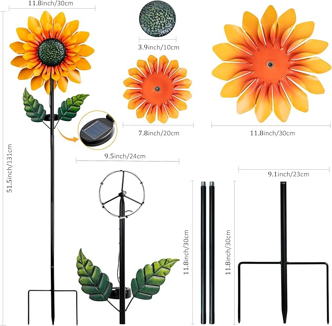 Sunflower Solar Wind Spinner, 52" Metal Wind Spinner with Kinetic Wind Sculpture Windmills for Outdoor Lawn & Garden Patio Decoration