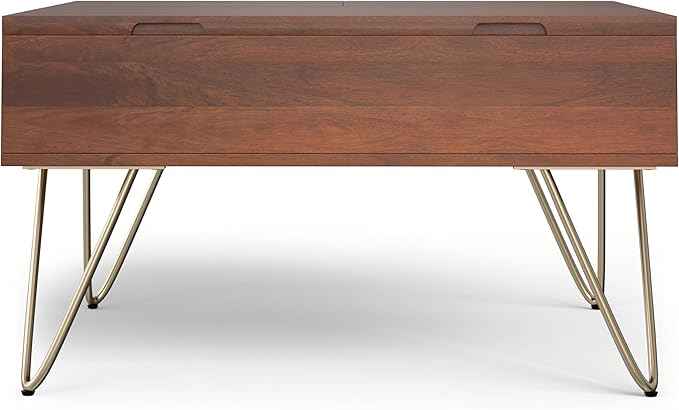 SIMPLIHOME Hunter Lift Top Coffee Table - 32 inch Wide Solid Mango Wood Industrial Square Cocktail Table in Umber Brown, Living Room Table with Dual Lift Tops, Hidden Storage and Gold Hairpin Legs