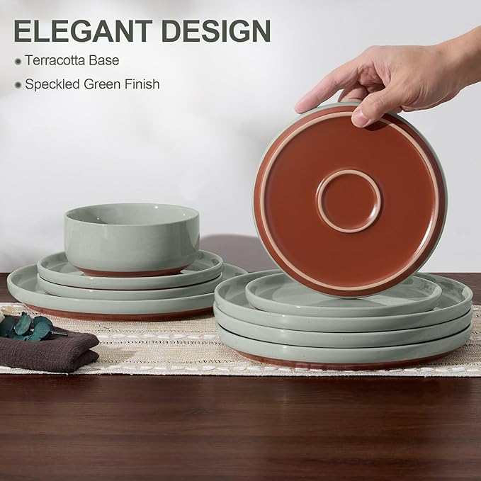 E-far 24-Piece Stoneware Dinnerware Sets, Plates and Bowls Sets for 8, Ceramic Dishware Dishes Set with Terracotta Base, Chip & Scratch Resistant, Microwave & Dishwasher Safe, Speckled Green