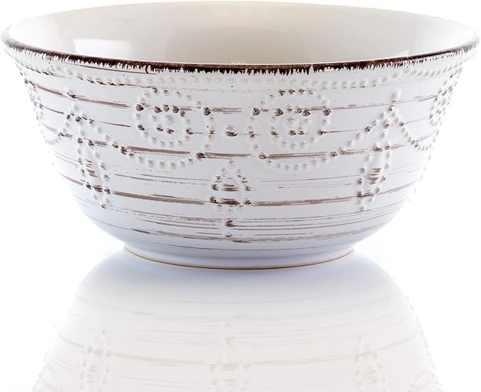 Elama Rustic Birch 16 Piece Embossed Scalloped Stoneware Round Dinnerware Set in White with Brown Accents