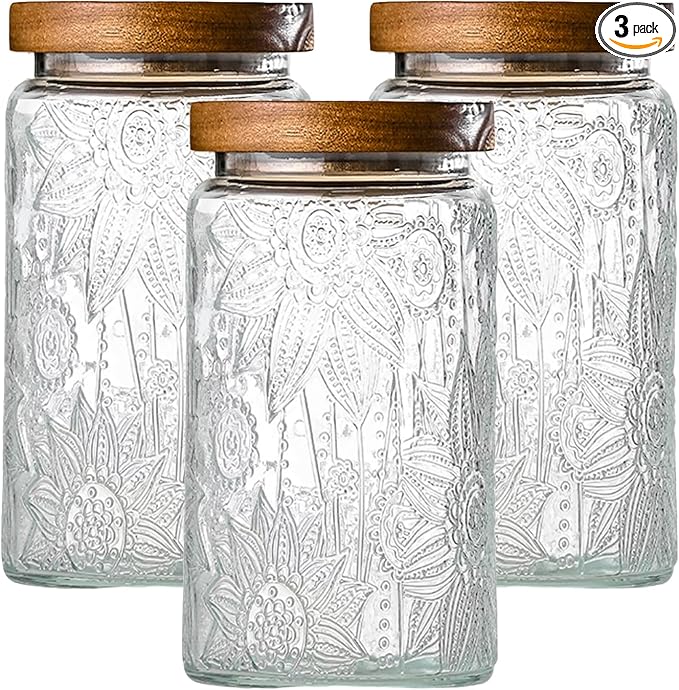 Adodeen 3-Pack 32oz Vintage Glass Jar With Lid, Glass Storage Containers, Airtight Kitchen Storage Containers For Sugar, Coffee, Tea, Spice, Flour, Candy Cookie, Pasta, Cereal