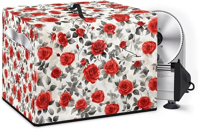 Vintage Red Rose Flower Print Food Slicer Cover, Meat Slicer Protective Cover, Fit Commercial Electric Deli Slicer Machine, Compatible with Household 200W 150W Meat Slicers 16x13x13 Inch