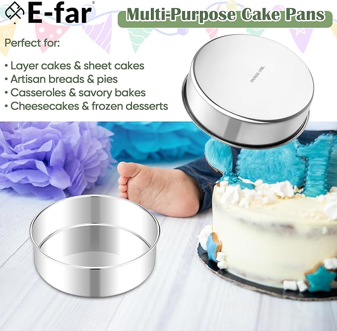 E-far 7 Inch Cake Pan Set of 2, Stainless Steel Round Baking Pans Tins Mold - Non-Toxic & Leak-Proof for Birthday Wedding Layer Tiered Cake, Easy Clean & Dishwasher Safe