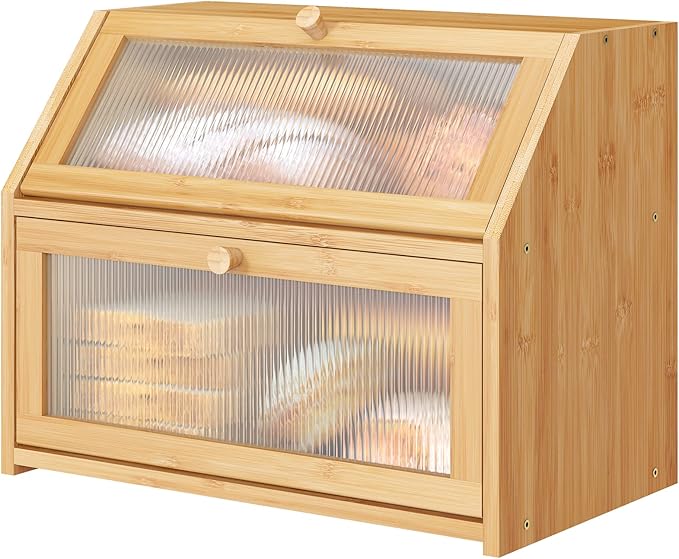 Bread Box for Kitchen Counter, Large Bamboo Wood Double Layer Bread Box, Wooden Bread Storage Capacity