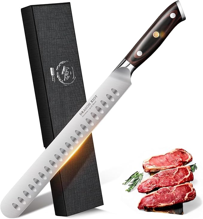 DRAGON RIOT 10 inch Premium Brisket Knife, Razor Sharp Carving Knife with Ergonomic Handle Design, Granton Edge, Hand Forged Brisket Slicing Knife for Meat and BBQ Cuting Gift for Men