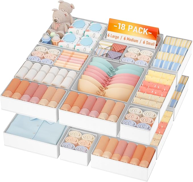 DIMJ Drawer Organizer Clothes Storage- 18 Pack Baby Dresser Organizer for Nursery, Foldable Closet Drawer Organizer Bins for Bedroom Organization, Fabric Storage Dividers for Socks, Underwears, Bras