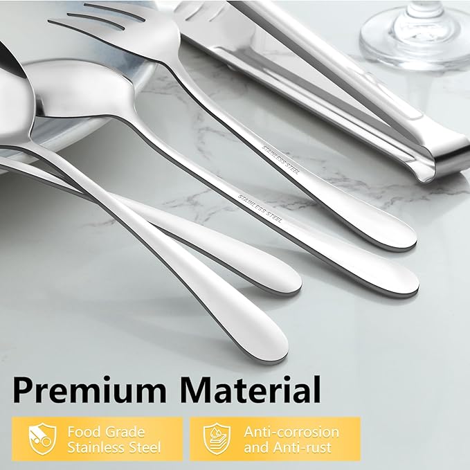 Pleafind 18-Piece Stainless Steel Utensil Set - Serving Spoons, Slotted Spoons, Forks, Tongs, Pie Server, Butter Knife for Parties & Banquets