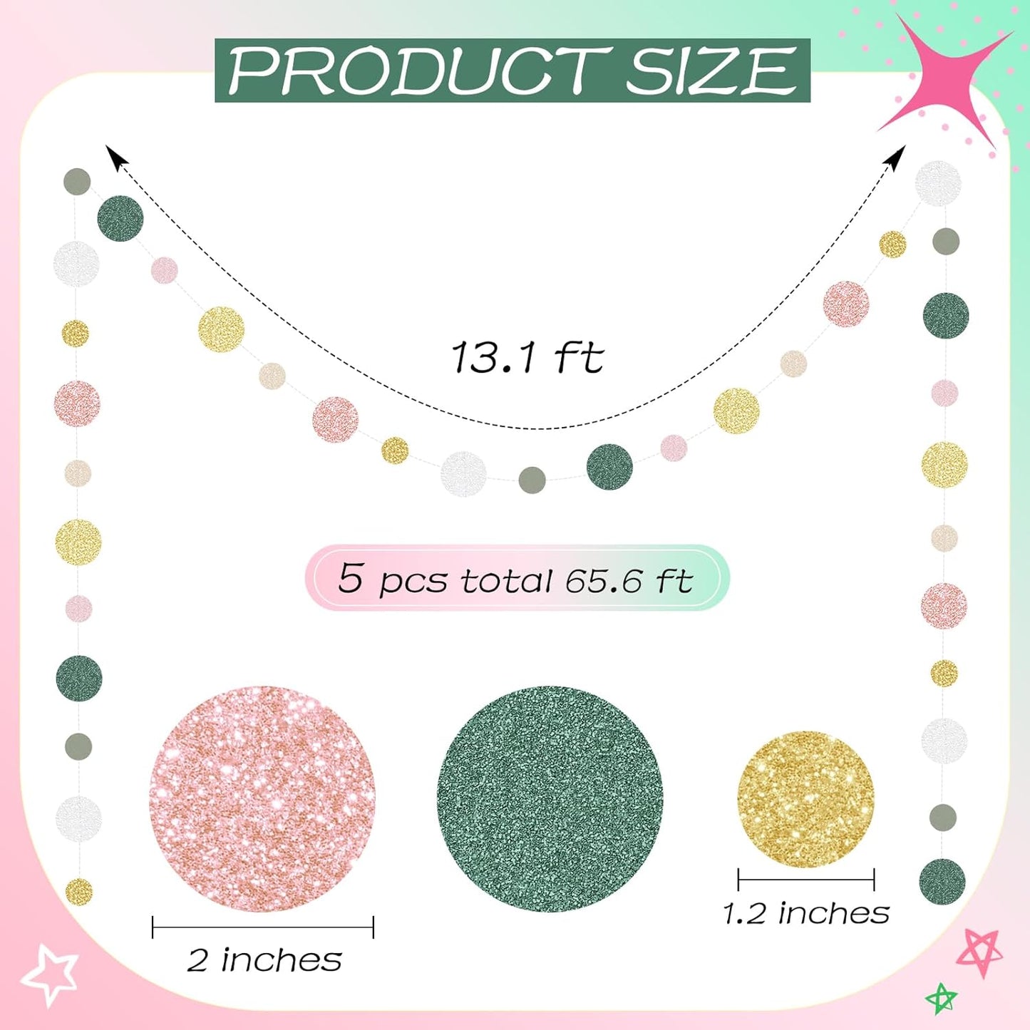 Outus 5 Pieces Colorful Dots Paper Garland Round Glitter Garland Hanging Confetti Streamers Backdrop Decoration for Birthday Classroom Candy Sprinkles Trunk or Treat Party (Sage Green,Pink,Gold)