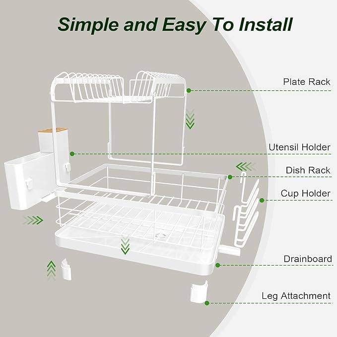 Runnatal Dish Rack with Drainboard, 2-Tier Dish Drying Rack for Kitchen Counter and Sink, Detachable 2-in-1 Utensil Holder, Cup Holder, Large Capacity Dish Drainer, White