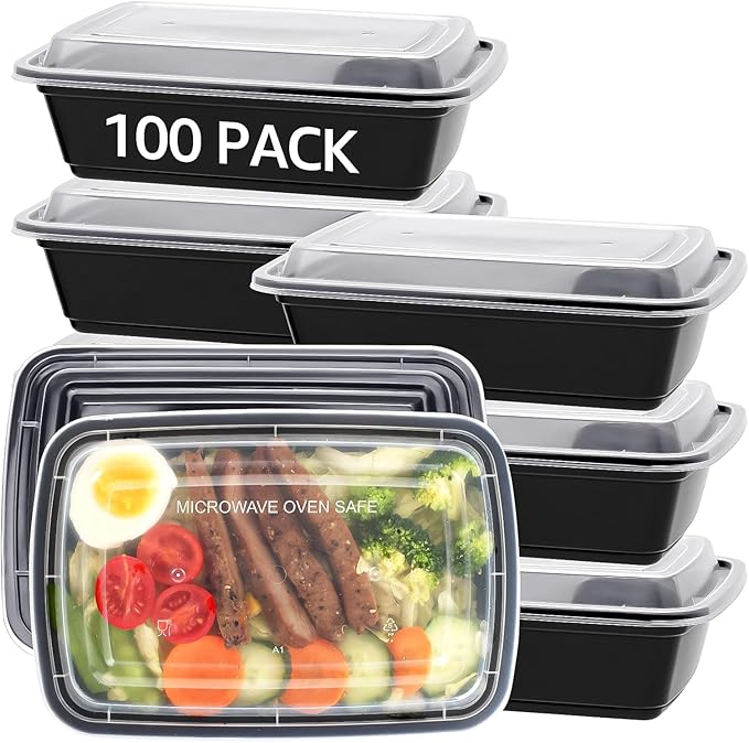 50 PACK, 24 oz. Meal Prep Containers, Extra Large & Thick Food Storage Containers with Lids - BPA Free Stackable Microwavable & Dishwasher Safe, Travel, To Go, Bento Box (100, Rectangle - 28 oz.)