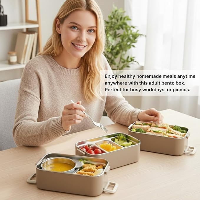Bento Box Adult Lunch Box, Stackable 3-Layer 304 Stainless Steel for Adults, Office, 3L Capacity, Portable, Soup Bowl, Spoon & Fork, Metal Lunch Box, Tiffin (Brown)