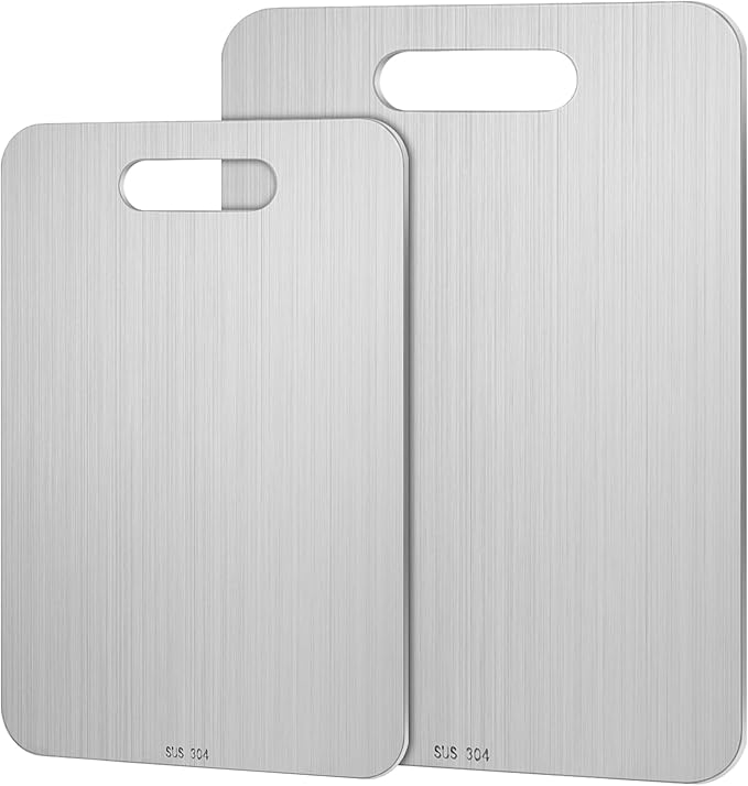 2 Pcs Stainless Steel Cutting Board for Kitchen 304 Steel Chopping Dishwasher Safe Metal Cutting Board Set for Kitchen Meat Fruit Vegetable (13.4"x9",11.8"x7.9")