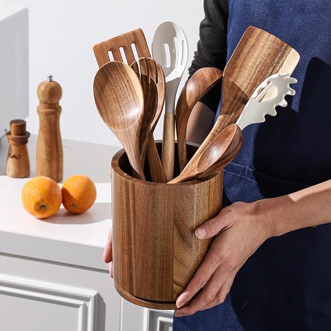 Wooden Utensil Holder, 360°Rotating 7.3'' Large Utensil Holder for Kitchen Counter, Kitchen Utensil Organizer, Utensil Crock, Farmhouse Kitchens Countertop Decor, Acacia Wood