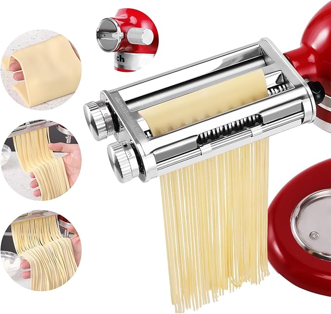 FavorKit 3 in 1 Pasta Maker Attachment Set for KitchenAid Mixers Plus Hub Knob Screw Accessory Included Dough Sheet Roller, Noodle Spaghetti & Fettuccine Cutters-Unique Design
