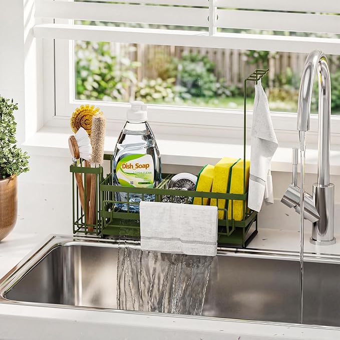 Sponge Holder for Kitchen Sink – Rustproof Stainless Steel with Detachable Drainboard, Brush Rack & Towel Bar | Compact, Non-Slip Design for Countertop Bathroom