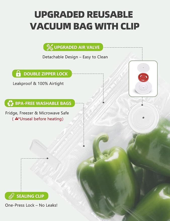 Vacuum Sealer Bags, Reusable Vacuum Zipper Bag, BPA Free Heavy Duty Vacuum Storage Bag for Food 15 Bags (15 Large Bags (10.24x13.39 in))